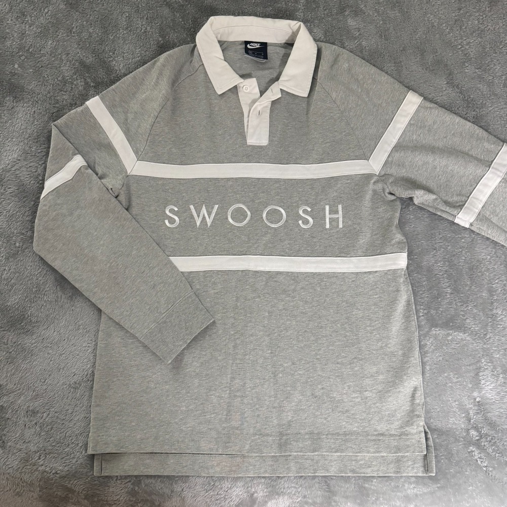 Nike Gray 1/4 Button 100% Cotton Swoosh Spellout Long Sleeve Polo Shirt Mens M